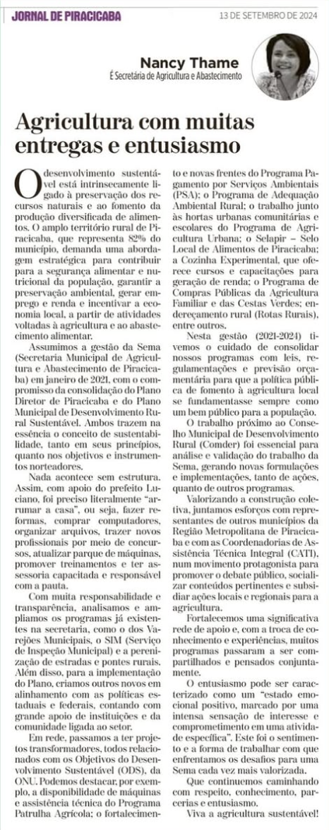 Agricultura com muito entusiasmo e entregas